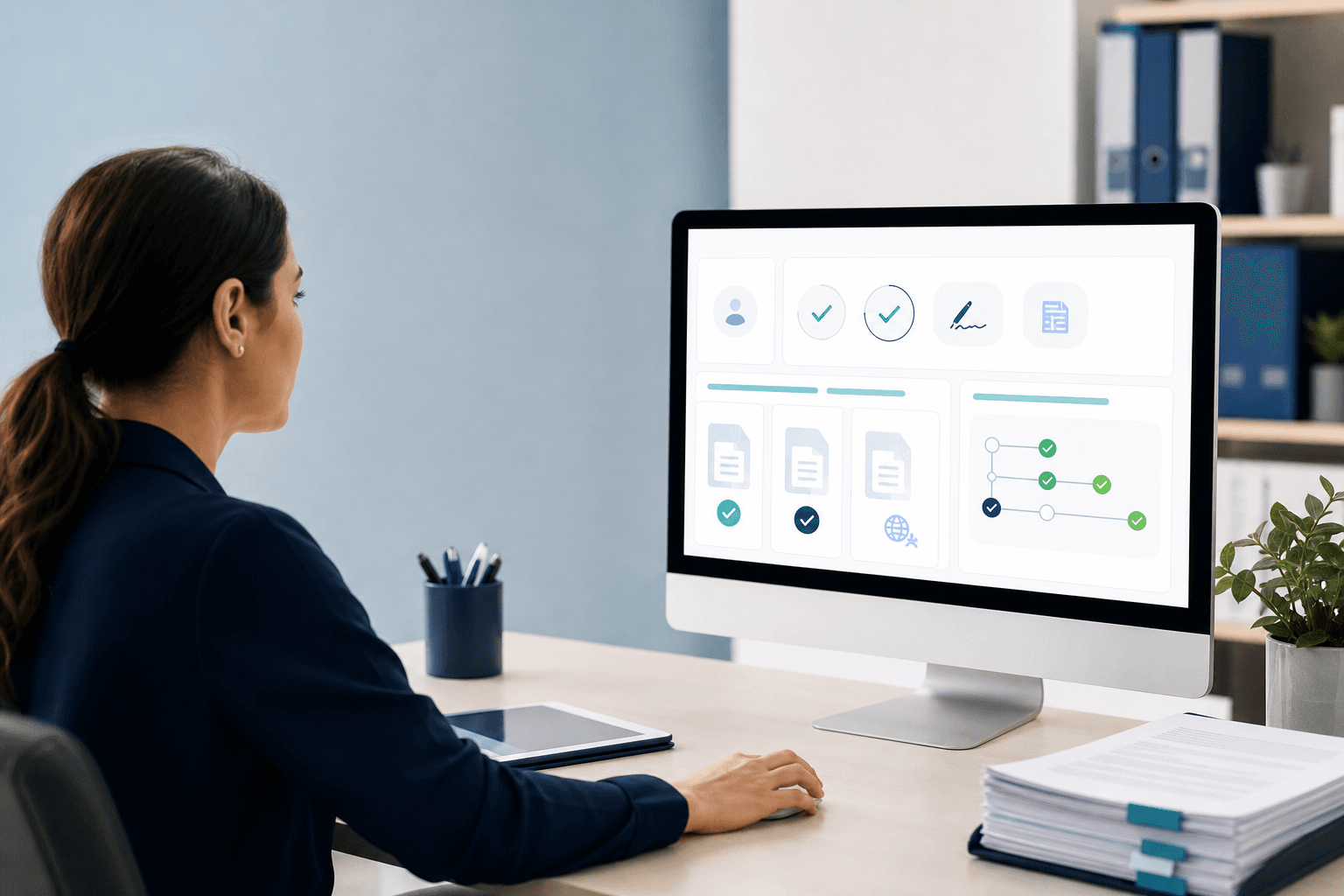 Medical office administrator reviewing a dashboard of digital form statuses and workflow progress