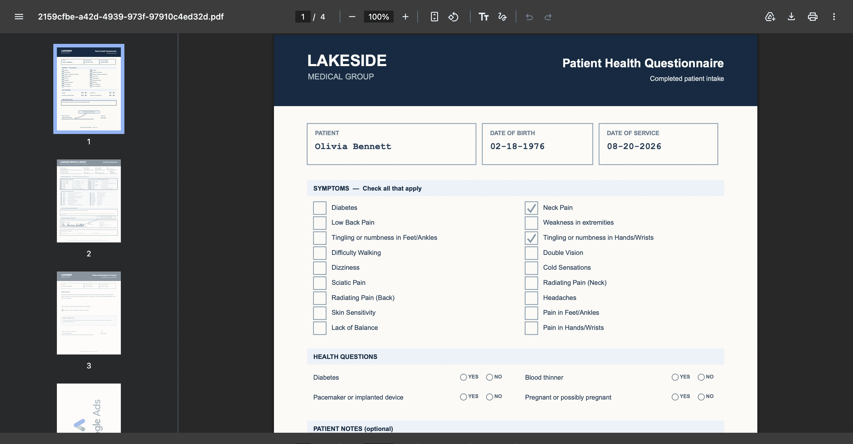 A completed fictional diagnostic packet with digital signatures