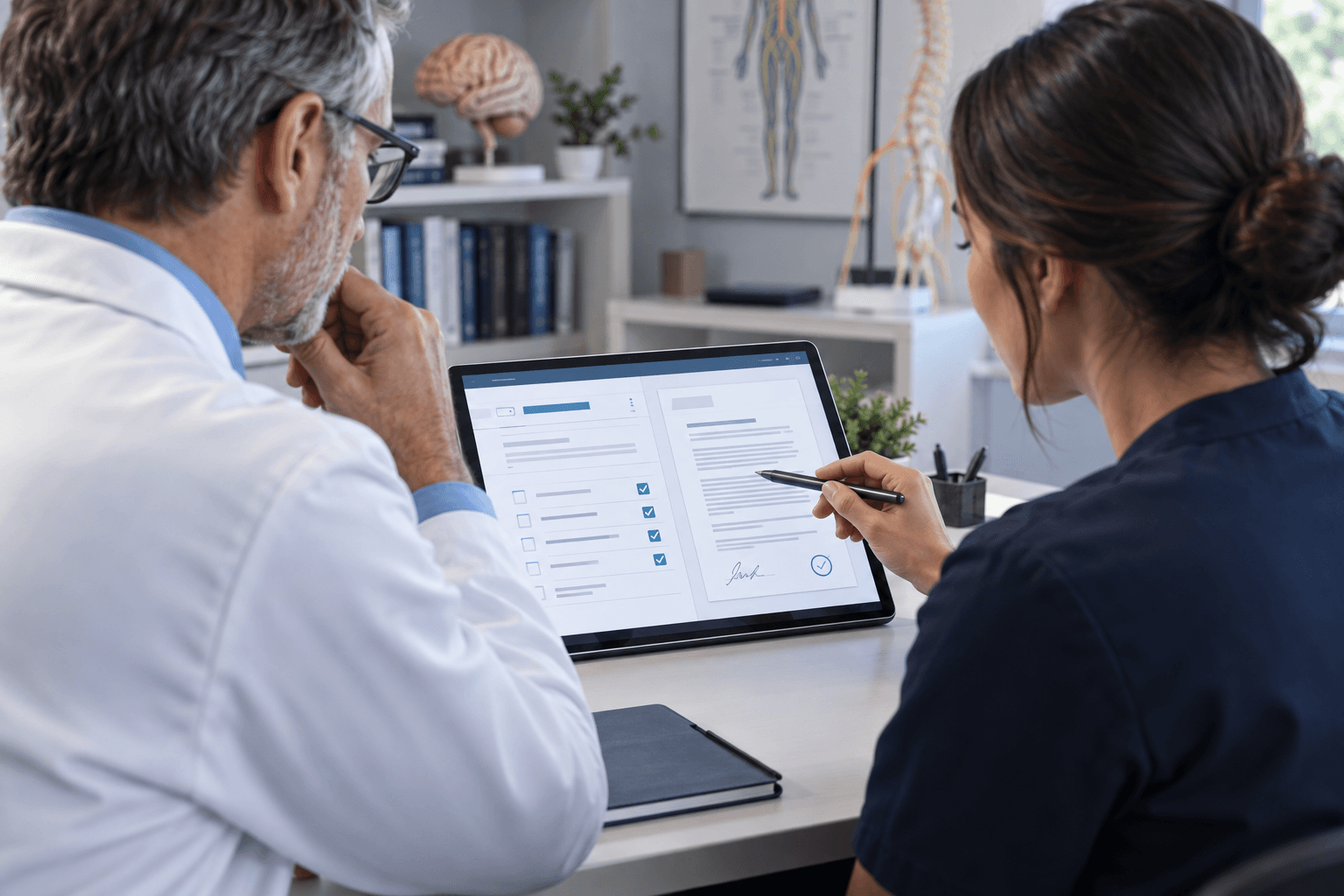 A clinician and diagnostic coordinator reviewing a fictional completed digital patient packet