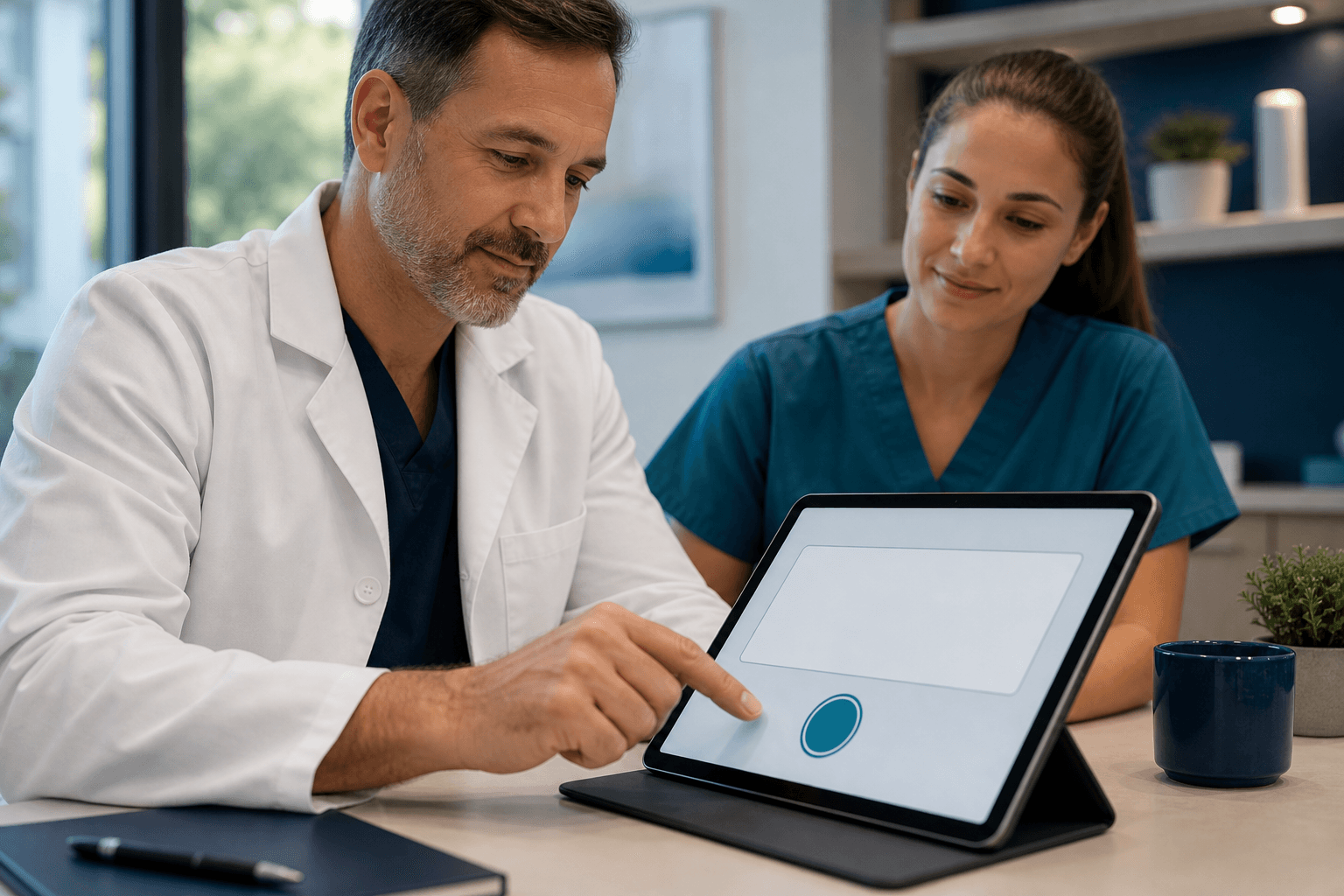 A physician and mobile diagnostic technician reviewing digital paperwork together