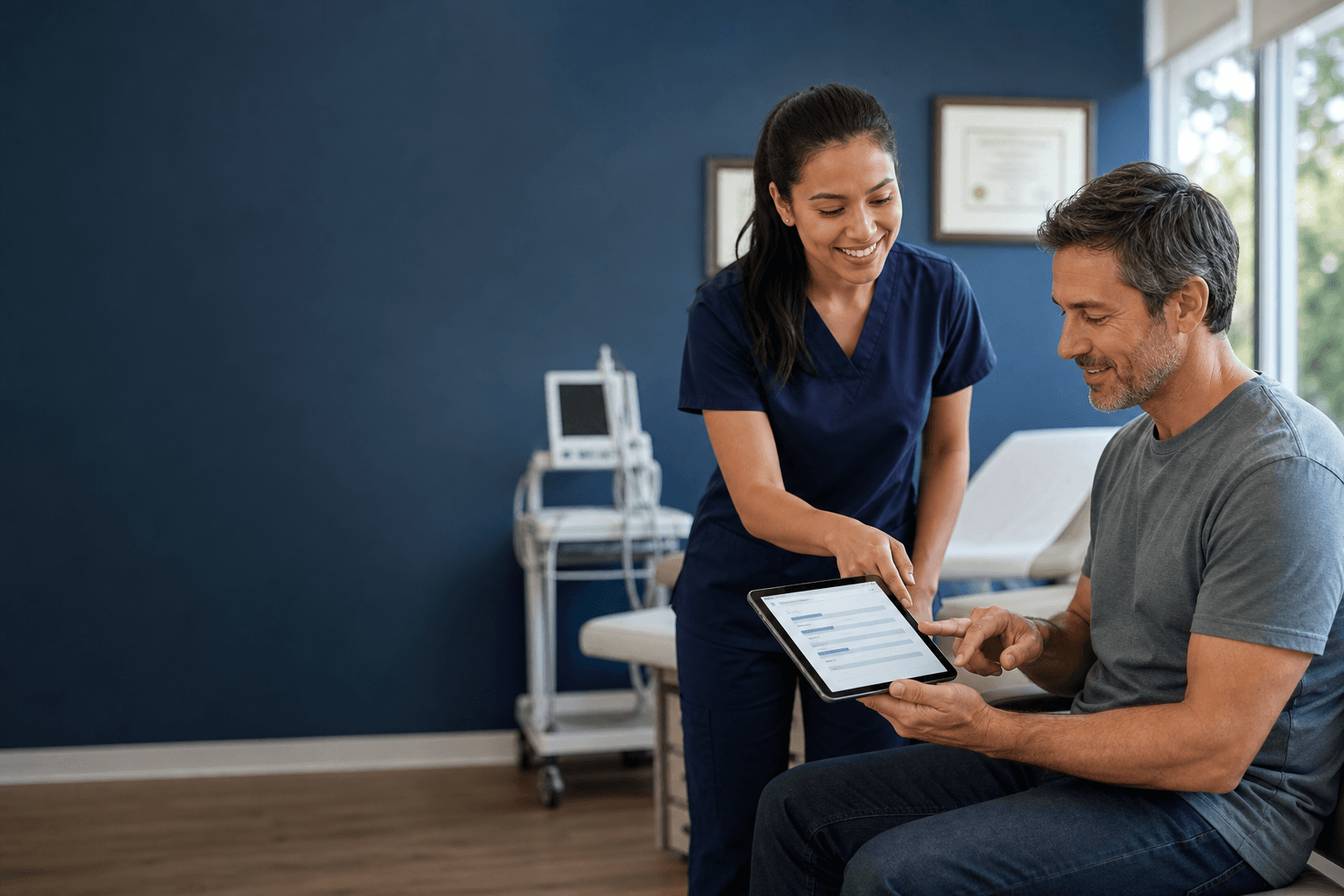 A patient completing a digital intake on a tablet with a mobile diagnostic technician nearby